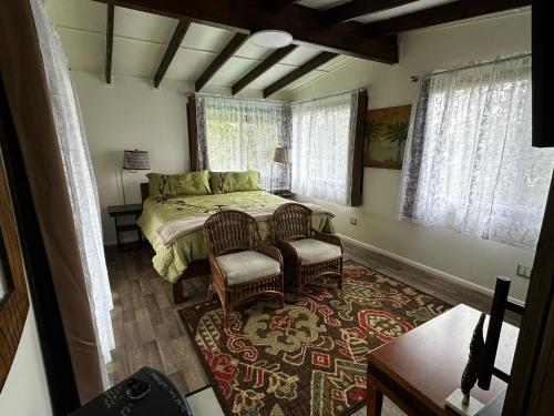 a bedroom with a bed and two chairs at Volcano Eco Cabin & Eco Lodge in Volcano