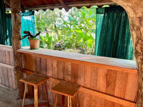 a bar with two stools and a potted plant at El Cerrito in Puerto Jiménez
