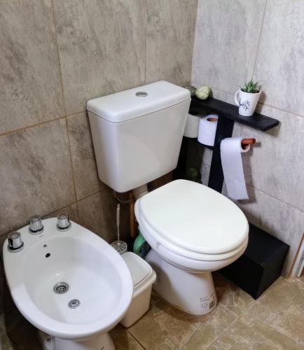a bathroom with a white toilet and a sink at Elmosquetal in Villa Yacanto