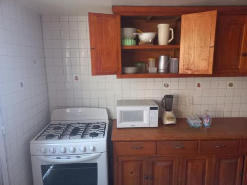 a kitchen with a stove and a microwave at Casa blanca in Maguey Blanco