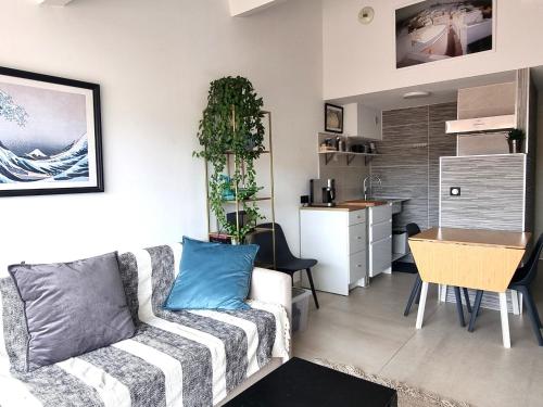 un salon avec un canapé et une cuisine dans l'établissement Charmant T2 avec Grande Terrasse à Port-Vendres - FR-1-309-502, à Port-Vendres