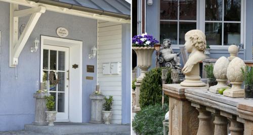 two pictures of a house with a statue on a porch at Hotel zur Sonne in Rimsting