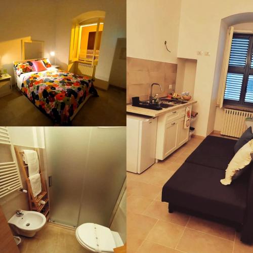 three pictures of a room with a bed and a kitchen at Adalù apartments in Conversano