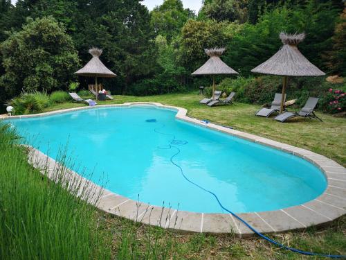 a swimming pool in a yard with chairs and umbrellas at MAS PROVENCAL A FLANC DE COLLINE in Bollène