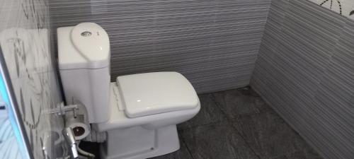 a bathroom with a white toilet in a stall at Mountain Bliss Villa Peradeniya in Peradeniya