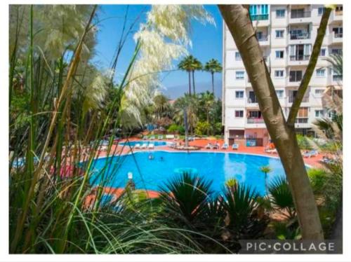 a large swimming pool in front of a building at Eldorado MILE STUDIO in Playa de las Americas