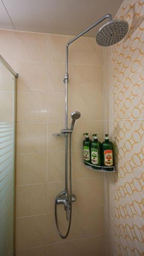 a bathroom with a shower with two bottles on a shelf at Jeju Eco Suites in Seogwipo