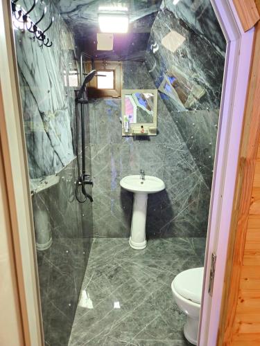 a bathroom with a sink and a toilet at Xalxal Luxe Lodge in Oğuz