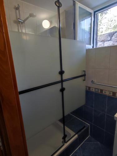 a bathroom with a shower with a glass door at Villa Mali Raj in Zaton