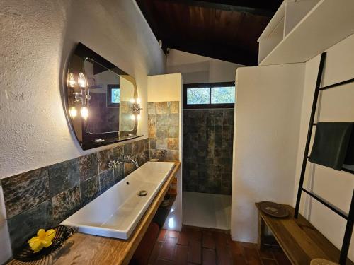 une salle de bain avec un grand lavabo et un miroir dans l'établissement Villa avec patio et Pool House, à Saint-Nazaire