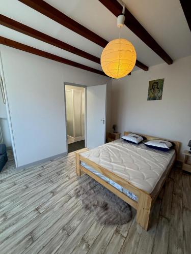 une chambre avec un grand lit dans une pièce dans l'établissement La Parenthèse du Pailly Maison entière dans la campagne haute-marnaise, à Chalindrey