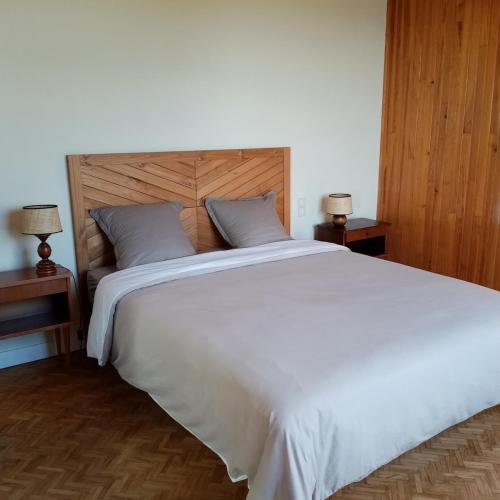 un grand lit blanc avec deux tables et deux lampes dans l'établissement Grande Périgourdine, à Bergerac