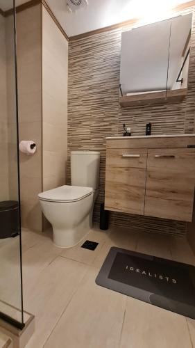 a bathroom with a toilet and a sink and a mirror at Seaside Apartment - Charlie's House in Chalkida