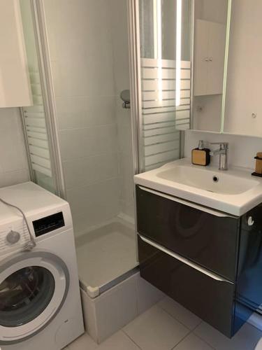 une salle de bain avec une machine à laver et un lavabo dans l'établissement Charmant T2 rénové proche plage et commerces, à Bormes-les-Mimosas