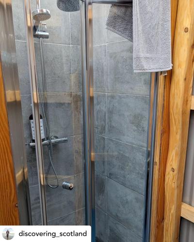 a shower with a glass door in a bathroom at The Hidden Shepherds Hut- Off Grid Retreat in Castle Douglas