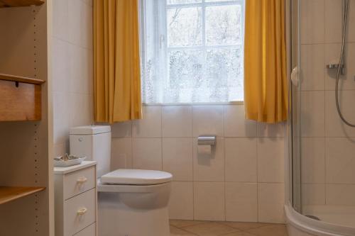 a bathroom with a toilet and a shower with yellow curtains at Landhaus zum Caphenstain in Gutendorf