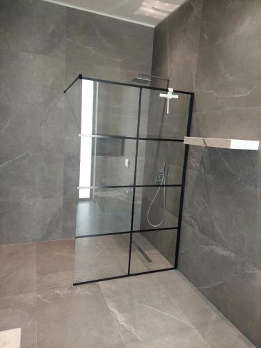 a shower with a glass door in a bathroom at Vila Palma in Berat
