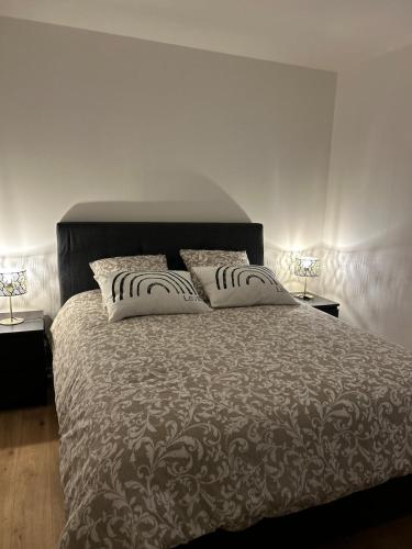 une chambre avec un grand lit avec deux oreillers dans l'établissement MAISON de VILLE COSY EN PLEIN COEUR DE GRAMAT, à Gramat