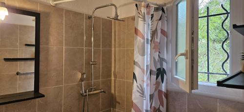 La salle de bains est pourvue d'une douche et d'un rideau de douche. dans l'établissement Mini villa Vue Mer Santa Giulia - Accès plage à pied - 2 à 4 pers - 1 chambre, à Porto-Vecchio
