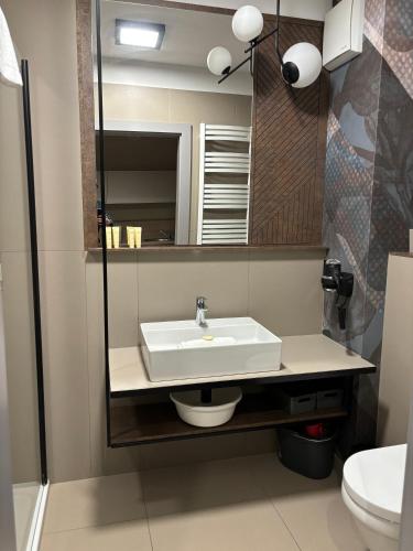 a bathroom with a sink and a mirror at Apartament e310 - Bel Mare Międzyzdroje in Międzyzdroje