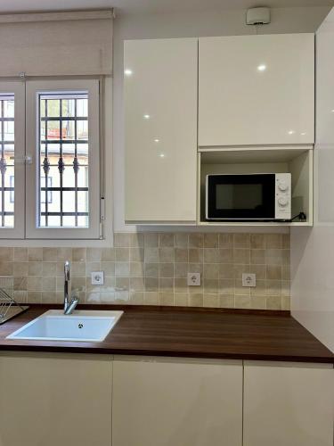 una cocina con fregadero y microondas en Stay in Triana, en Sevilla