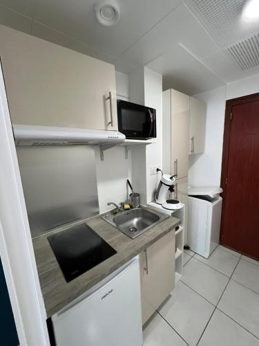 une petite cuisine avec un évier et un micro-ondes dans l'établissement Magnifique appartement renové le Victoria, à Aix-les-Bains
