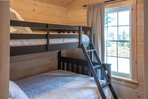 a bunk room with two bunk beds and a window at TITMOUSE LIMIT 4 cabin in North Sebago