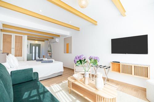 a living room with a bed and a tv at Loft Centrale in Paphos