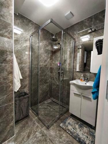 a bathroom with a shower and a sink at Bukefal apartment in Skopje