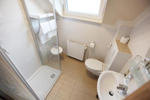 a bathroom with a shower and a toilet and a sink at Gästehaus Spatzennest in Maikammer