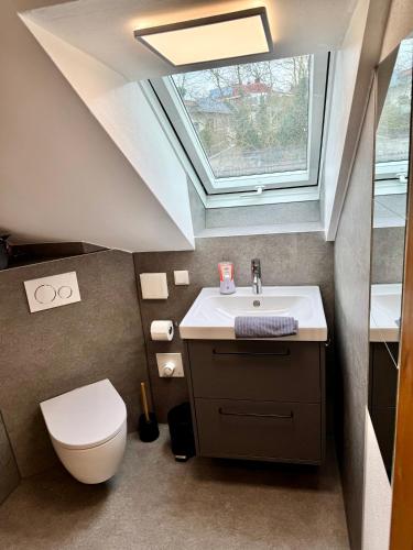 a bathroom with a toilet and a sink with a skylight at Ferienwohnung an der romantischen Straße direkt A3 und A81 in Eisingen