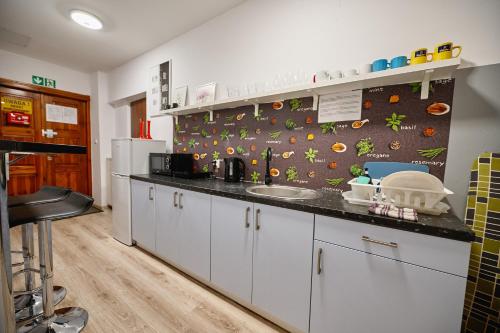 ジェシュフにあるApartamenty Grottgeraの白いキャビネットと黒いカウンタートップを備えたキッチン