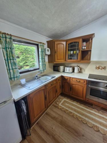 a kitchen with wooden cabinets and a sink and a window at 57 penlan holiday park in Cenarth