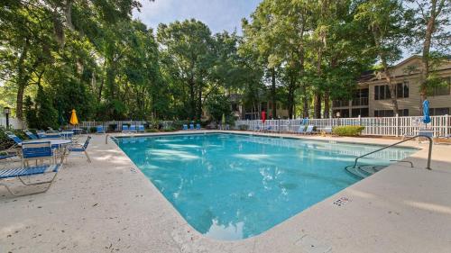 a large swimming pool with blue chairs and trees at 55-2 Low Country Get-A-Way condo in Pawleys Island