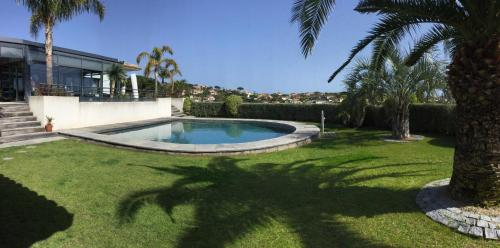 une ombre d'un palmier à côté d'une piscine dans l'établissement Gite Vanisa, à Sainte-Maxime
