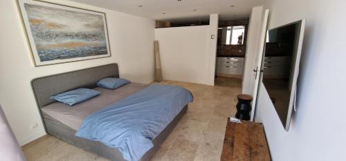 une chambre avec un lit avec des draps bleus et une télévision dans l'établissement Quiet, discreet places, à Vernègues