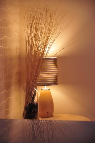 a table with a lamp and a vase with grass at Edward Hotel in Gloucester