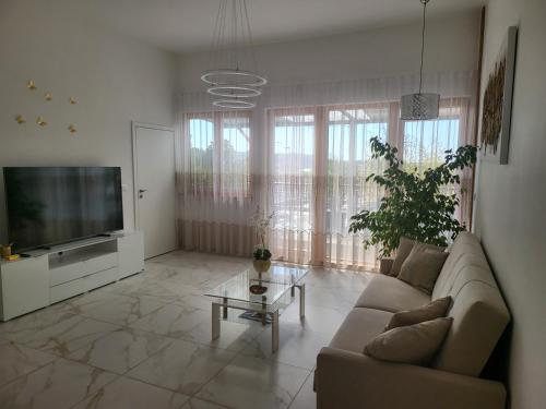 a living room with a couch and a flat screen tv at Apartma Lucija in Lucija