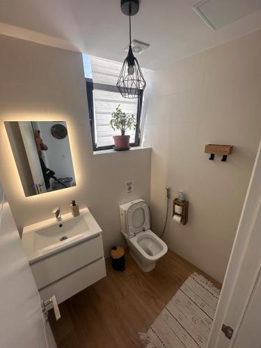 a bathroom with a toilet and a sink and a mirror at Papá Totë Deluxe in Playa Honda