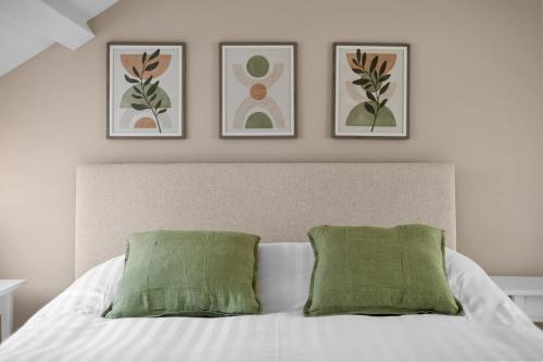 a bed with two green pillows in a bedroom at Stylish 7 Bedroom House in Plymouth