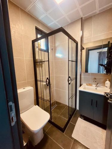 ein Bad mit einem WC, einer Dusche und einem Waschbecken in der Unterkunft Casa Natura Adrasan in Adrasan