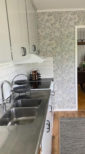 a kitchen with a sink and a counter top at Villa Blueberry in Överum