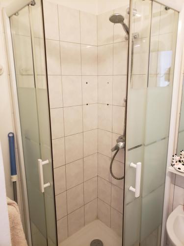 une douche avec une porte vitrée dans une salle de bain dans l'établissement Appartement 2 pièces 20 m2 gare Trouville, à Trouville-sur-Mer