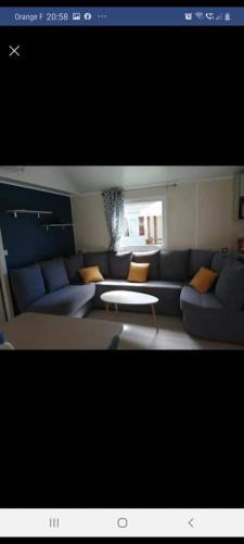 un salon avec un canapé bleu et une table dans l'établissement Camping de la carabasse, à Vias