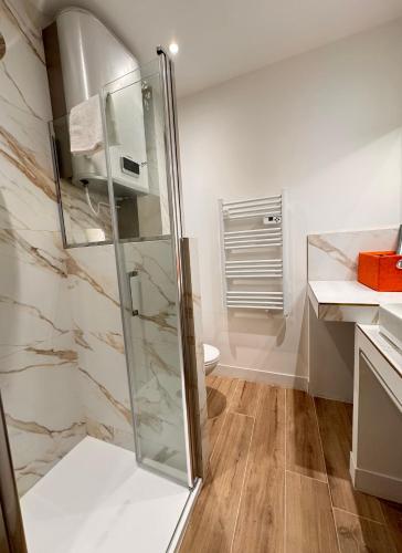 une salle de bain avec une douche en verre et des toilettes dans l'établissement Casa Bisou Cannes - BOHEME, à Cannes