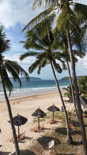 a beach with umbrellas and palm trees and the ocean at Eco Sanctuaries Nature Lodge Nacpan Beach, El Nido in El Nido