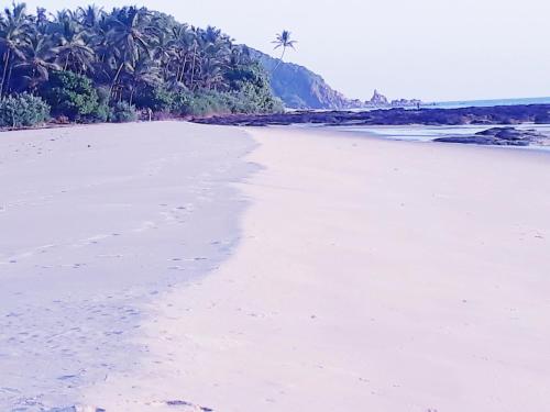 an empty beach with palm trees in the background at Samant Beach Resort in Malvan