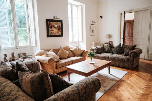 a living room with couches and a coffee table at Chateau de La Lanette in Saléchan