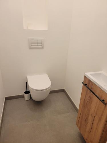 une salle de bain blanche avec des toilettes et un lavabo dans l'établissement Maison cosy et spacieuse, à La Boissière-de-Montaigu