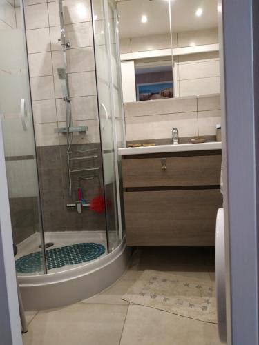 une salle de bain avec douche et lavabo dans l'établissement Studio cabine idéalement situé vue mer, Les Indes Galantes, piscine, parking, au Cap d'Agde